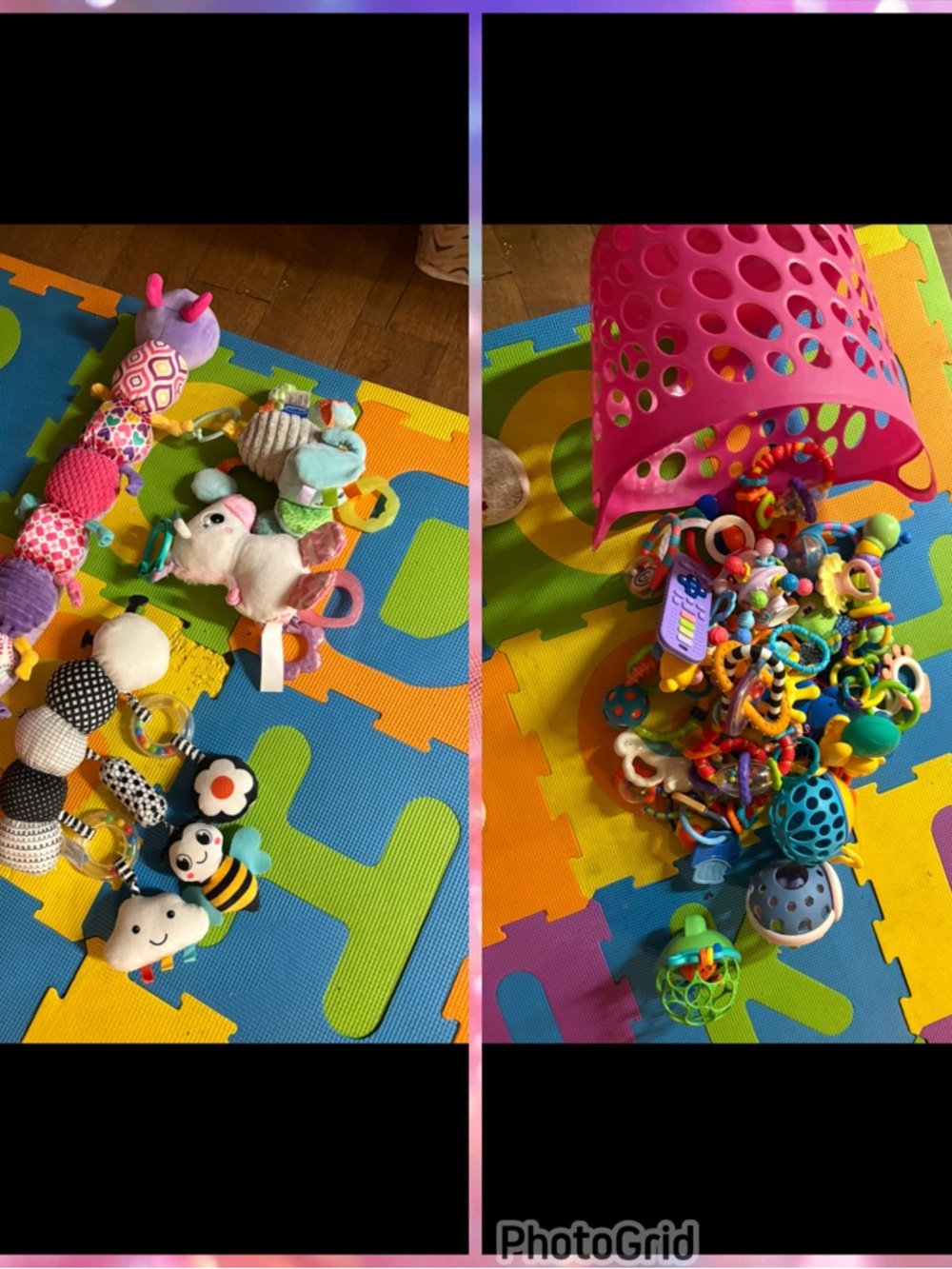 Colorful Sensory Plush Toys For Baby Car Seat & Basket Full Of Teething Toys